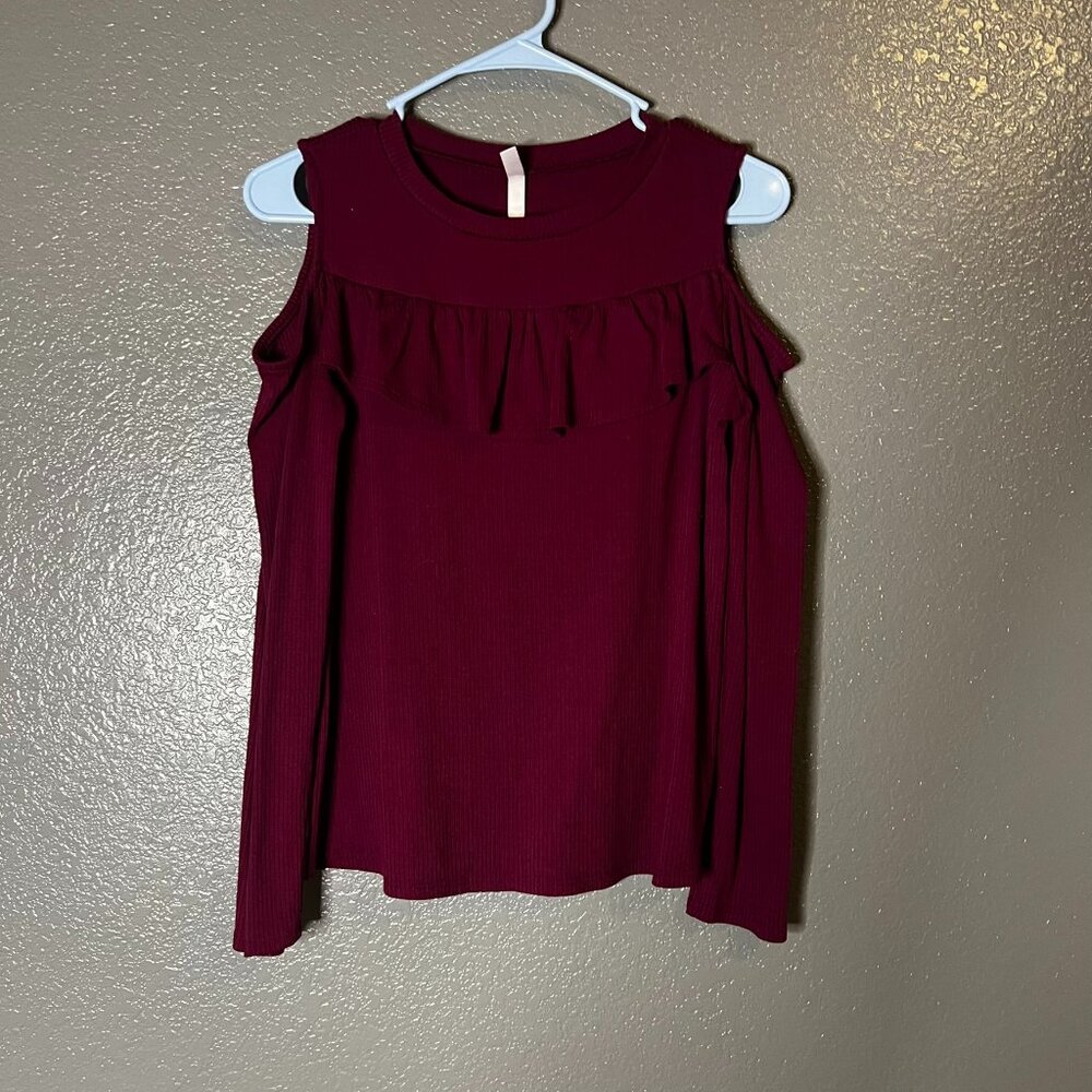 Xhilaration Girls XL 14/16 Burgundy Cold Shoulder Long Sleeve Ruffle Top